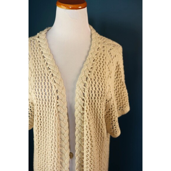 Alya Crochet Open Knit Fringe Long Cardigan Duster Coastal Boho Cottagecore M/L - Picture 2 of 11